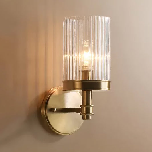 1-Light Wall Mounted Lamp Traditional Cylinder Transparent Glass Sconce Light in Brown/Gold over Bed Clearhalo 'Wall Lamps & Sconces' 'Wall Lights' Lighting' 1934289