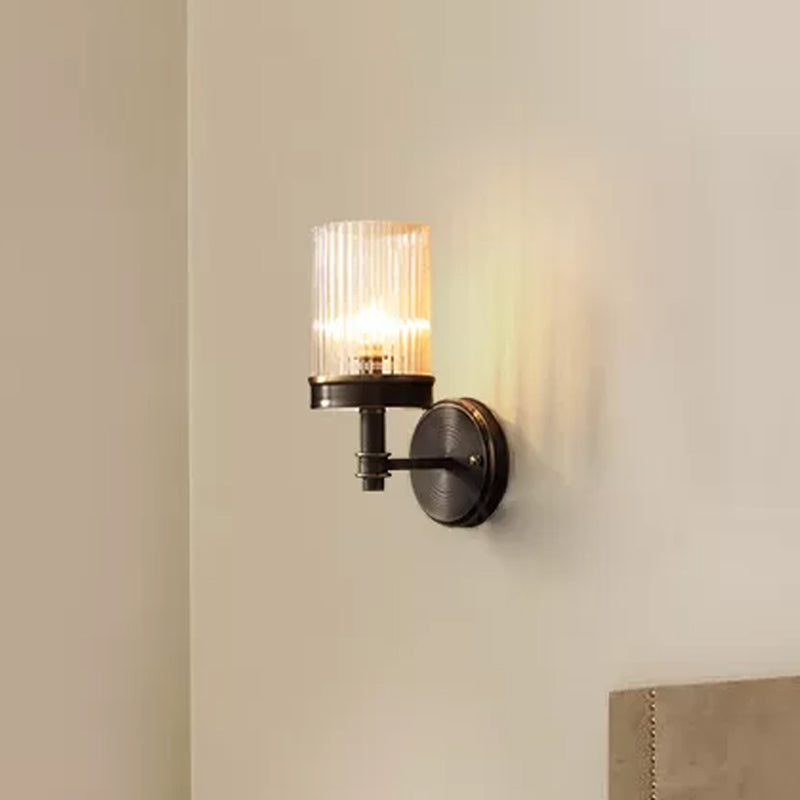 1-Light Wall Mounted Lamp Traditional Cylinder Transparent Glass Sconce Light in Brown/Gold over Bed Brown Clearhalo 'Wall Lamps & Sconces' 'Wall Lights' Lighting' 1934291