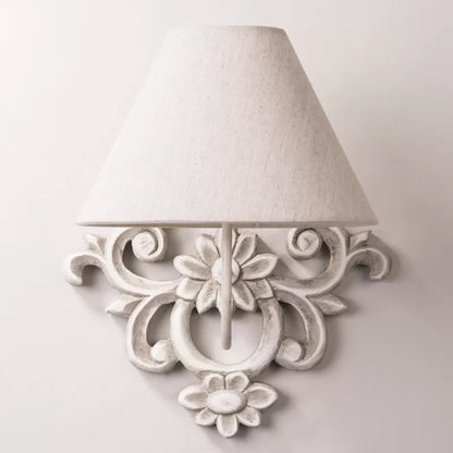 Tapered Fabric Wall Sconce Light Countryside 1 Light Corridor Wall Lighting in White with Wood Carved Backplate White Clearhalo 'Wall Lamps & Sconces' 'Wall Lights' Lighting' 1934297