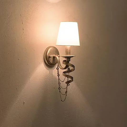 1 Bulb Wall Light Sconce Farmhouse Barrel Fabric Wall Lamp in White with Spiral Design and Crystal Chain Deco Clearhalo 'Wall Lamps & Sconces' 'Wall Lights' Lighting' 1934303