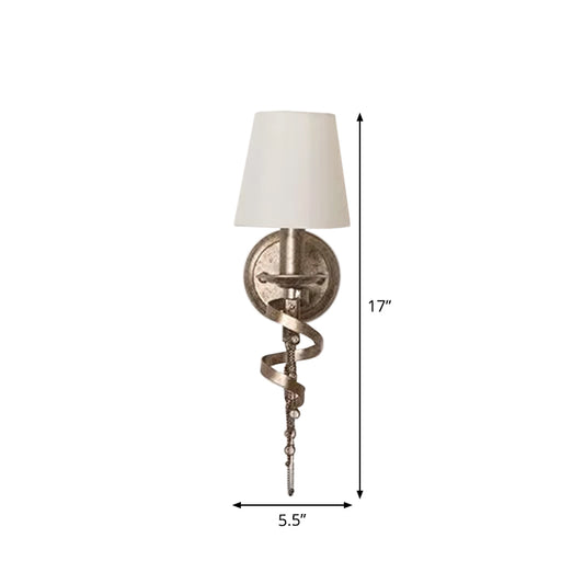 1 Bulb Wall Light Sconce Farmhouse Barrel Fabric Wall Lamp in White with Spiral Design and Crystal Chain Deco Clearhalo 'Wall Lamps & Sconces' 'Wall Lights' Lighting' 1934305