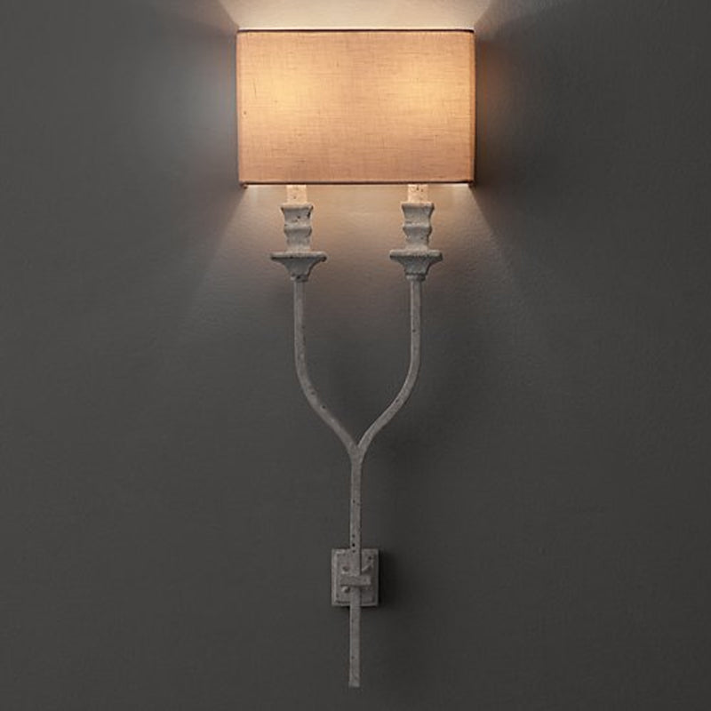 2-Bulb Fork Shape Wall Sconce Countryside White/Rust Finish Metal Wall Light Fixture with Rectangle Fabric Shade Clearhalo 'Wall Lamps & Sconces' 'Wall Lights' Lighting' 1934324