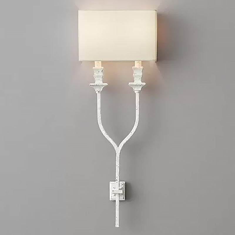 2-Bulb Fork Shape Wall Sconce Countryside White/Rust Finish Metal Wall Light Fixture with Rectangle Fabric Shade White Clearhalo 'Wall Lamps & Sconces' 'Wall Lights' Lighting' 1934325