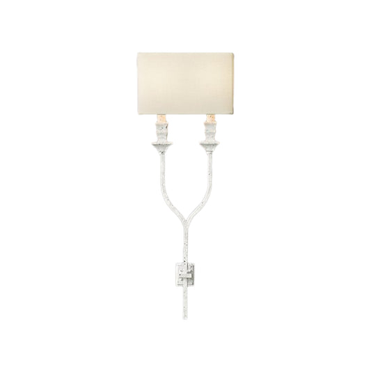 2-Bulb Fork Shape Wall Sconce Countryside White/Rust Finish Metal Wall Light Fixture with Rectangle Fabric Shade Clearhalo 'Wall Lamps & Sconces' 'Wall Lights' Lighting' 1934326