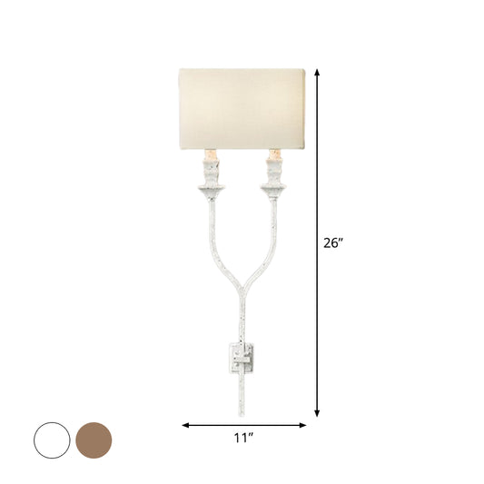 2-Bulb Fork Shape Wall Sconce Countryside White/Rust Finish Metal Wall Light Fixture with Rectangle Fabric Shade Clearhalo 'Wall Lamps & Sconces' 'Wall Lights' Lighting' 1934327