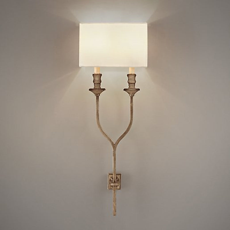 2-Bulb Fork Shape Wall Sconce Countryside White/Rust Finish Metal Wall Light Fixture with Rectangle Fabric Shade Rust Clearhalo 'Wall Lamps & Sconces' 'Wall Lights' Lighting' 1934328