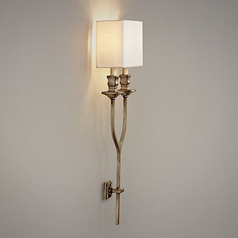 2-Bulb Fork Shape Wall Sconce Countryside White/Rust Finish Metal Wall Light Fixture with Rectangle Fabric Shade Clearhalo 'Wall Lamps & Sconces' 'Wall Lights' Lighting' 1934329