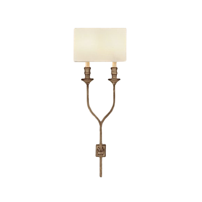 2-Bulb Fork Shape Wall Sconce Countryside White/Rust Finish Metal Wall Light Fixture with Rectangle Fabric Shade Clearhalo 'Wall Lamps & Sconces' 'Wall Lights' Lighting' 1934330