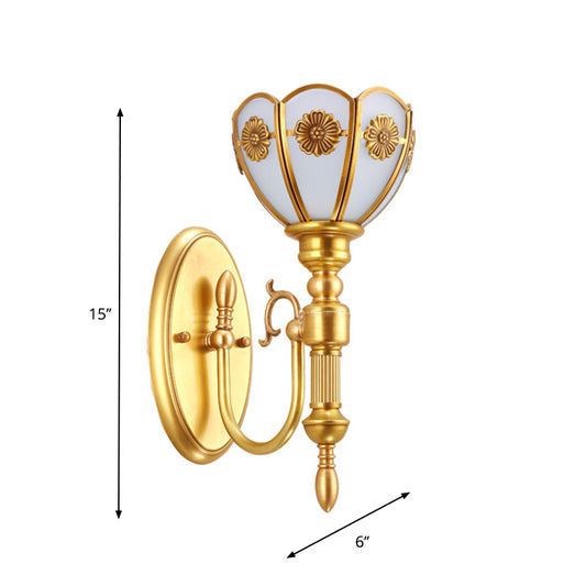 1 Bulb Floral Bowl Wall Sconce Vintage Gold Finish Milky Glass Wall Mount Lamp with Curvy Arm Clearhalo 'Wall Lamps & Sconces' 'Wall Lights' Lighting' 1934336