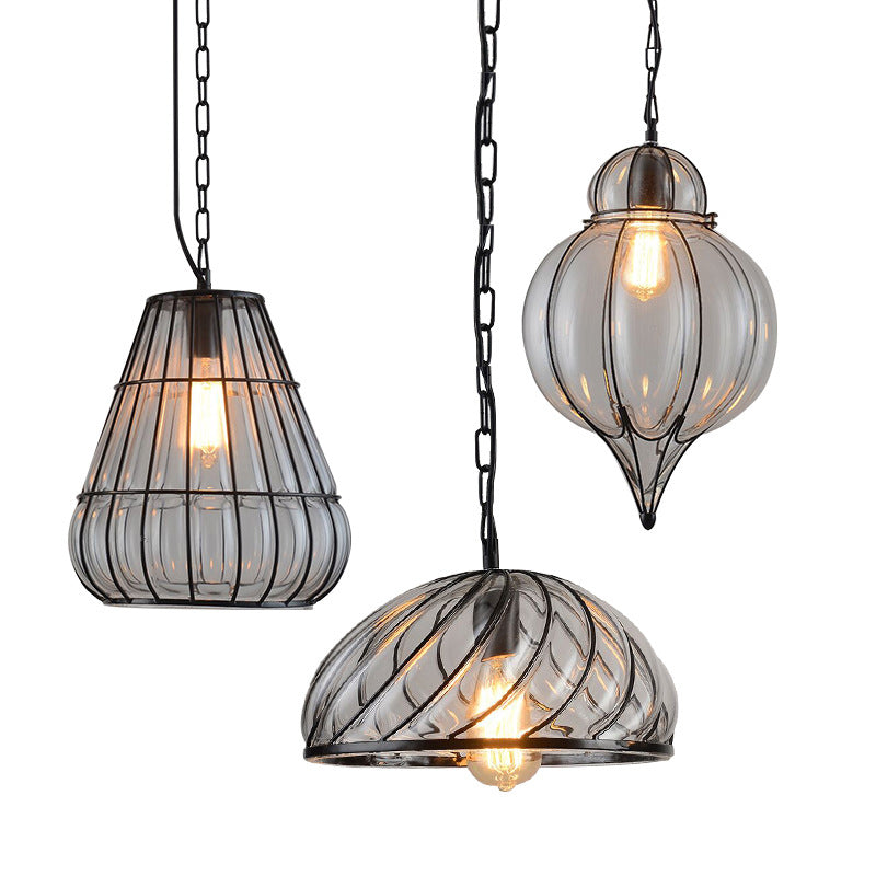 Industrial Style Wire Frame Ceiling Fixture 8.5"/9"/11" W 1 Light Clear Glass and Metal Pendant Lamp in Black Clearhalo 'Ceiling Lights' 'Glass shade' 'Glass' 'Pendant Lights' 'Pendants' Lighting' 1934337