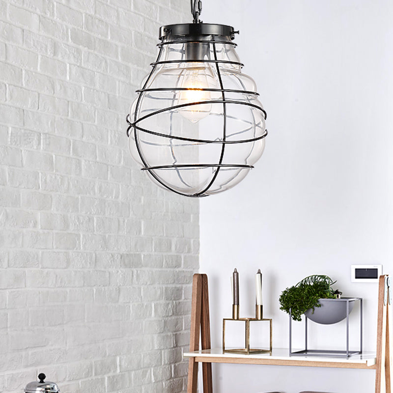 Industrial Style Wire Frame Ceiling Fixture 8.5"/9"/11" W 1 Light Clear Glass and Metal Pendant Lamp in Black Black 8.5" Clearhalo 'Ceiling Lights' 'Glass shade' 'Glass' 'Pendant Lights' 'Pendants' Lighting' 1934340