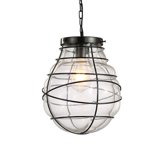 Industrial Style Wire Frame Ceiling Fixture 8.5"/9"/11" W 1 Light Clear Glass and Metal Pendant Lamp in Black Clearhalo 'Ceiling Lights' 'Glass shade' 'Glass' 'Pendant Lights' 'Pendants' Lighting' 1934341
