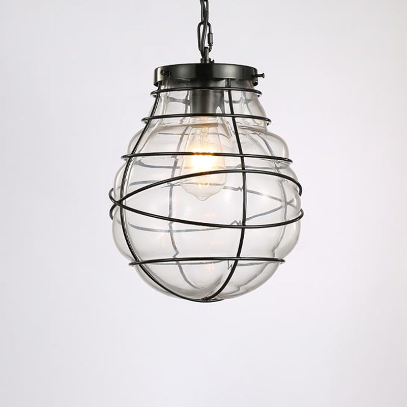 Industrial Style Wire Frame Ceiling Fixture 8.5"/9"/11" W 1 Light Clear Glass and Metal Pendant Lamp in Black Clearhalo 'Ceiling Lights' 'Glass shade' 'Glass' 'Pendant Lights' 'Pendants' Lighting' 1934342