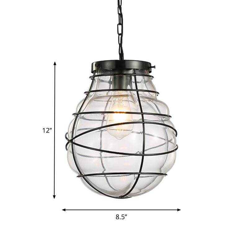 Industrial Style Wire Frame Ceiling Fixture 8.5"/9"/11" W 1 Light Clear Glass and Metal Pendant Lamp in Black Clearhalo 'Ceiling Lights' 'Glass shade' 'Glass' 'Pendant Lights' 'Pendants' Lighting' 1934343