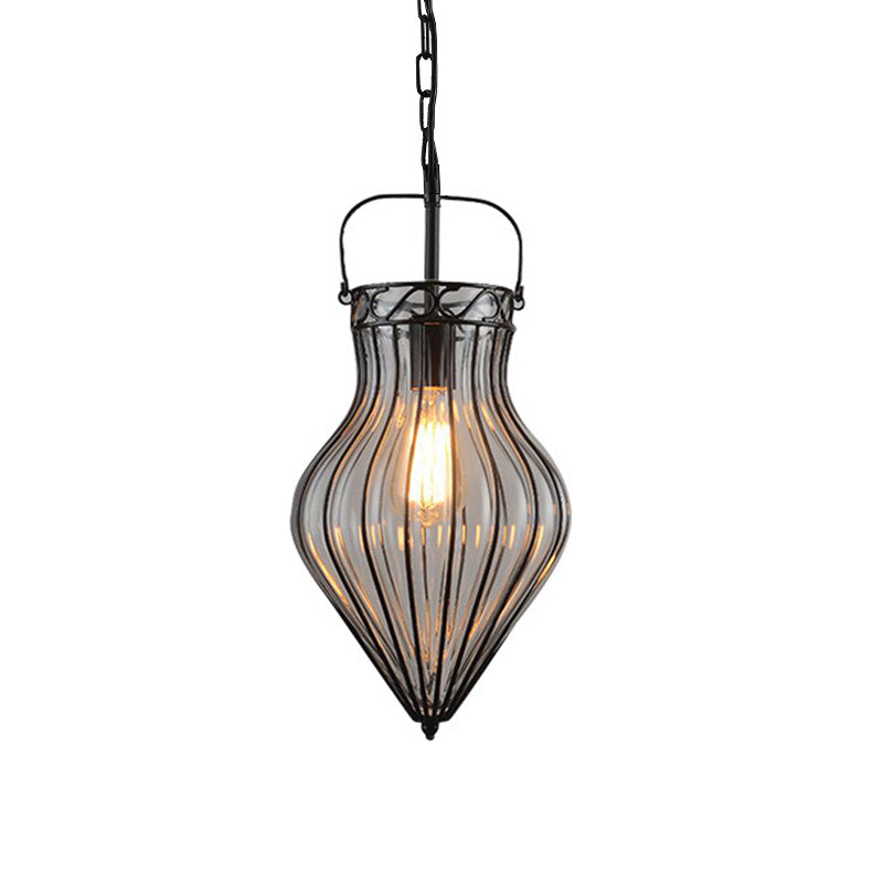 Industrial Style Wire Frame Ceiling Fixture 8.5"/9"/11" W 1 Light Clear Glass and Metal Pendant Lamp in Black Black 9" Clearhalo 'Ceiling Lights' 'Glass shade' 'Glass' 'Pendant Lights' 'Pendants' Lighting' 1934344