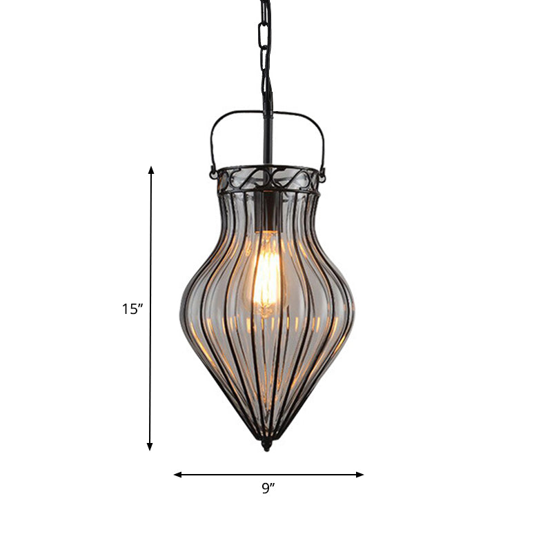 Industrial Style Wire Frame Ceiling Fixture 8.5"/9"/11" W 1 Light Clear Glass and Metal Pendant Lamp in Black Clearhalo 'Ceiling Lights' 'Glass shade' 'Glass' 'Pendant Lights' 'Pendants' Lighting' 1934345