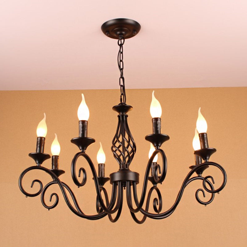 8 Bulbs Curly Arm Pendant Chandelier Vintage Black/White/Blue Metal Ceiling Suspension Lamp for Living Room Clearhalo 'Ceiling Lights' 'Chandeliers' Lighting' options 1934353
