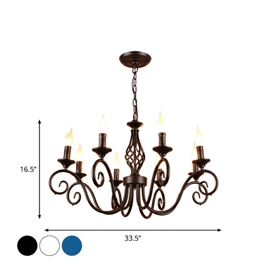 8 Bulbs Curly Arm Pendant Chandelier Vintage Black/White/Blue Metal Ceiling Suspension Lamp for Living Room Clearhalo 'Ceiling Lights' 'Chandeliers' Lighting' options 1934355