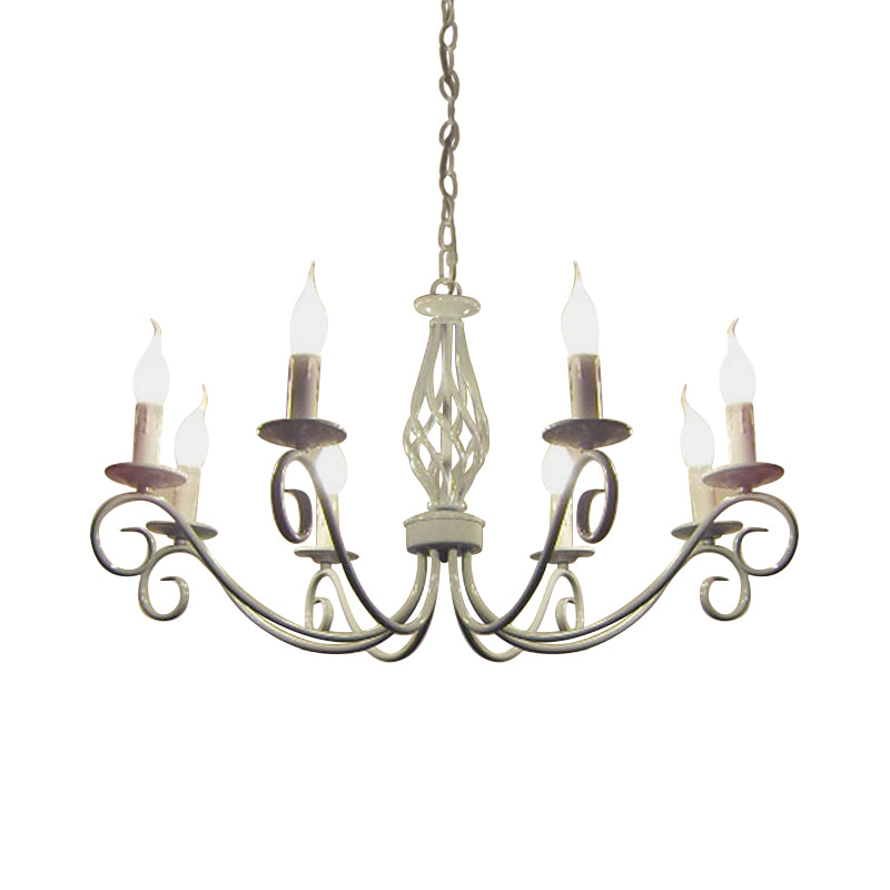 8 Bulbs Curly Arm Pendant Chandelier Vintage Black/White/Blue Metal Ceiling Suspension Lamp for Living Room White Clearhalo 'Ceiling Lights' 'Chandeliers' Lighting' options 1934356_5734fabe-4651-49c4-abe4-3031d3fd8268