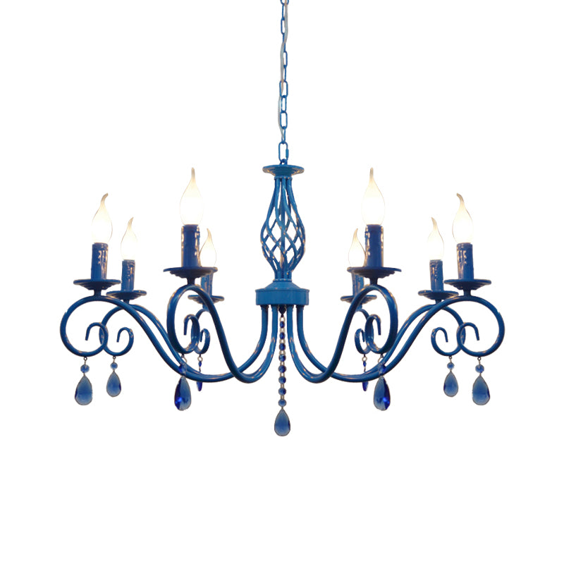 8 Bulbs Curly Arm Pendant Chandelier Vintage Black/White/Blue Metal Ceiling Suspension Lamp for Living Room Clearhalo 'Ceiling Lights' 'Chandeliers' Lighting' options 1934357