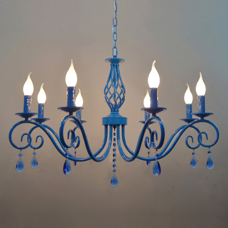 8 Bulbs Curly Arm Pendant Chandelier Vintage Black/White/Blue Metal Ceiling Suspension Lamp for Living Room Clearhalo 'Ceiling Lights' 'Chandeliers' Lighting' options 1934358