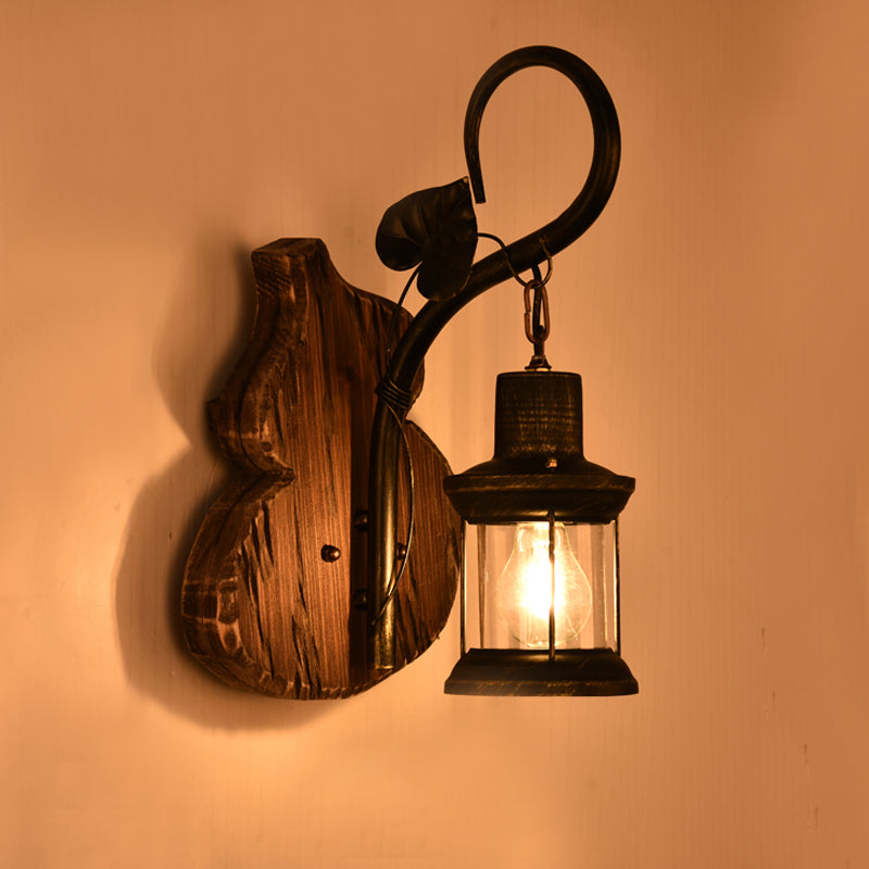 Lantern/Kerosene Living Room Wall Lamp Nautical Wood 1 Bulb Brown Wall Mount Light with Gourd/Half-Round Wood Backplate Clearhalo 'Art deco wall lights' 'Cast Iron' 'Glass' 'Industrial wall lights' 'Industrial' 'Middle century wall lights' 'Modern' 'Rustic wall lights' 'Tiffany' 'Traditional wall lights' 'Wall Lamps & Sconces' 'Wall Lights' Lighting' 1934362