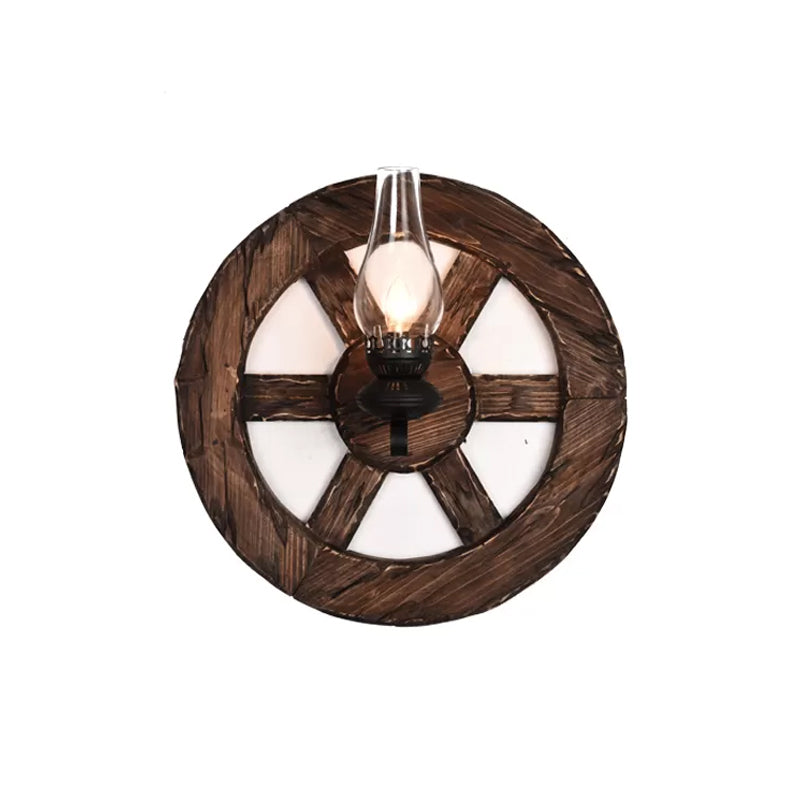 Lantern/Kerosene Living Room Wall Lamp Nautical Wood 1 Bulb Brown Wall Mount Light with Gourd/Half-Round Wood Backplate Clearhalo 'Art deco wall lights' 'Cast Iron' 'Glass' 'Industrial wall lights' 'Industrial' 'Middle century wall lights' 'Modern' 'Rustic wall lights' 'Tiffany' 'Traditional wall lights' 'Wall Lamps & Sconces' 'Wall Lights' Lighting' 1934377