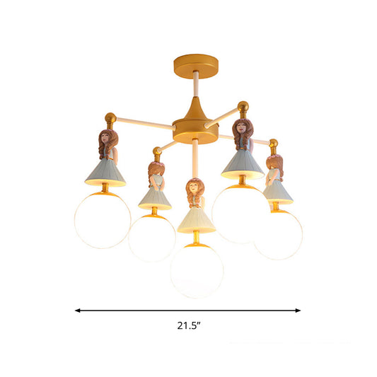 Child Bedroom Little Girls Chandelier with Globe Shade Wood 5 Lights Kids Pendant Light Clearhalo 'Ceiling Lights' 'Chandeliers' Lighting' options 193437