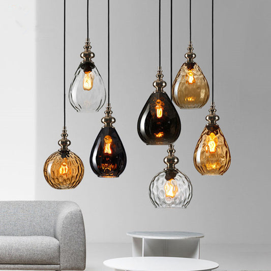 1 Bulb Raindrop Ceiling Hang Light Vintage Amber/Clear Water/Smoke Grey Glass Pendant Lamp with Gooseneck Arm Clearhalo 'Ceiling Lights' 'Glass shade' 'Glass' 'Industrial Pendants' 'Industrial' 'Middle Century Pendants' 'Pendant Lights' 'Pendants' 'Tiffany' Lighting' 1934398