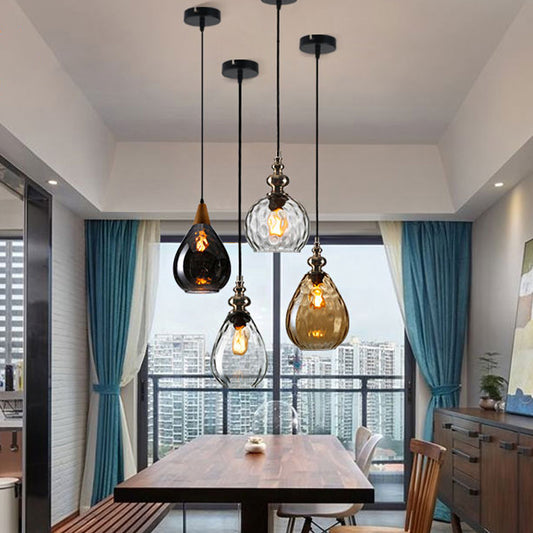 1 Bulb Raindrop Ceiling Hang Light Vintage Amber/Clear Water/Smoke Grey Glass Pendant Lamp with Gooseneck Arm Clear Clearhalo 'Ceiling Lights' 'Glass shade' 'Glass' 'Industrial Pendants' 'Industrial' 'Middle Century Pendants' 'Pendant Lights' 'Pendants' 'Tiffany' Lighting' 1934401