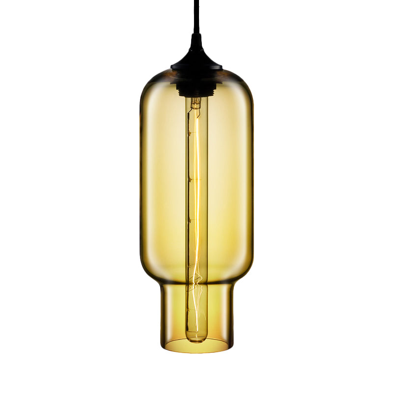 1 Bulb Cylindrical Hanging Light Industrial Clear/Blue/Amber Glass Ceiling Pendant Lamp for Restaurant Clearhalo 'Ceiling Lights' 'Glass shade' 'Glass' 'Industrial Pendants' 'Industrial' 'Middle Century Pendants' 'Pendant Lights' 'Pendants' 'Tiffany' Lighting' 1934416
