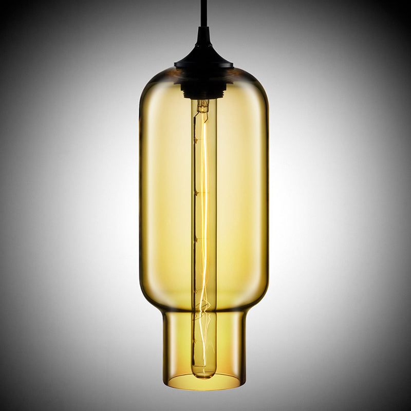 1 Bulb Cylindrical Hanging Light Industrial Clear/Blue/Amber Glass Ceiling Pendant Lamp for Restaurant Clearhalo 'Ceiling Lights' 'Glass shade' 'Glass' 'Industrial Pendants' 'Industrial' 'Middle Century Pendants' 'Pendant Lights' 'Pendants' 'Tiffany' Lighting' 1934417
