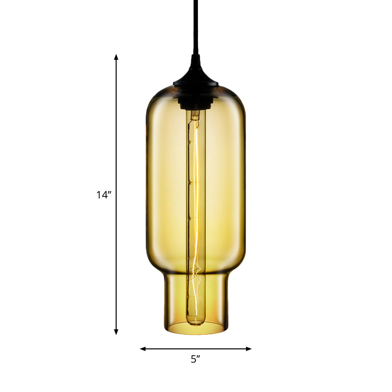 1 Bulb Cylindrical Hanging Light Industrial Clear/Blue/Amber Glass Ceiling Pendant Lamp for Restaurant Clearhalo 'Ceiling Lights' 'Glass shade' 'Glass' 'Industrial Pendants' 'Industrial' 'Middle Century Pendants' 'Pendant Lights' 'Pendants' 'Tiffany' Lighting' 1934418
