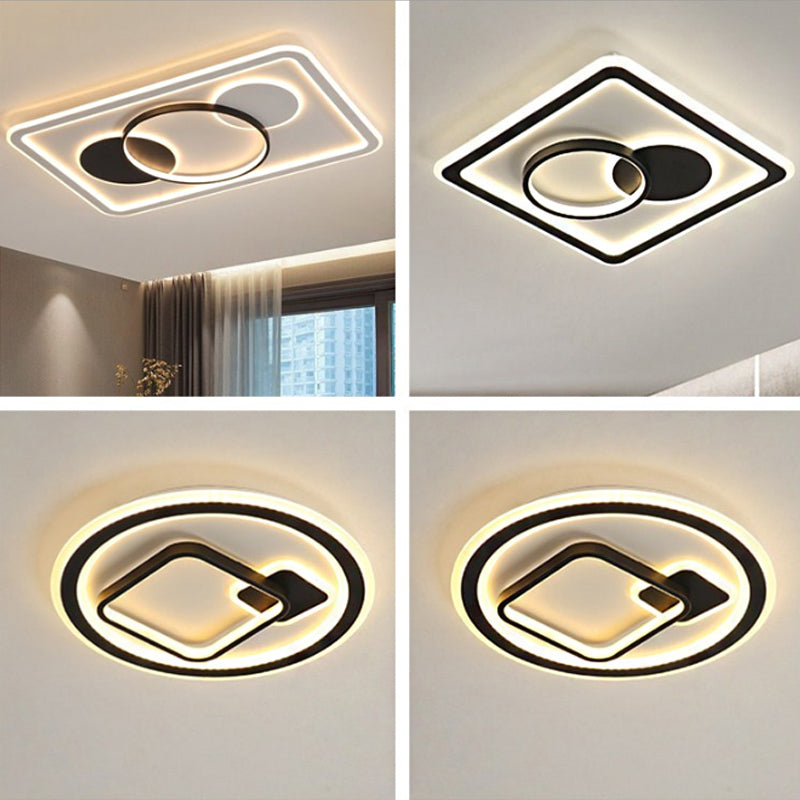 Round/Square Hotel Ceiling Fixture Aluminum Modern Style LED Flush Mount Lamp in Black, Warm/White/3 Color Light Clearhalo 'Ceiling Lights' 'Close To Ceiling Lights' 'Close to ceiling' 'Flush mount' Lighting' 1934847