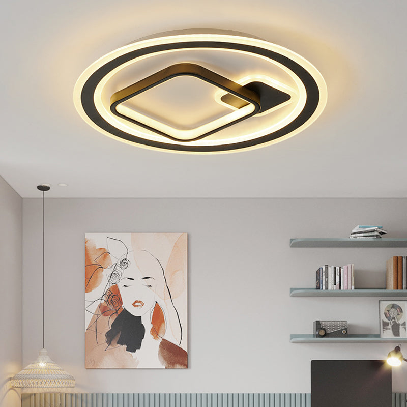 Round/Square Hotel Ceiling Fixture Aluminum Modern Style LED Flush Mount Lamp in Black, Warm/White/3 Color Light Black Round Clearhalo 'Ceiling Lights' 'Close To Ceiling Lights' 'Close to ceiling' 'Flush mount' Lighting' 1934848