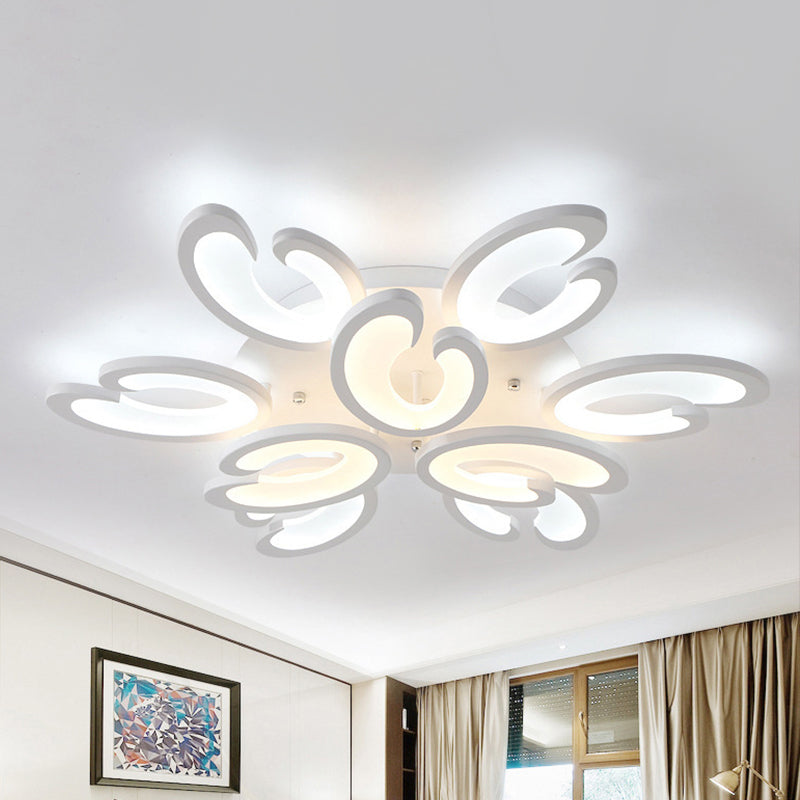 Modern Style Petal Semi Flush Chandelier Acrylic 6/9/15-Bulb Living Room Ceiling Mount Light in Warm/White Light 9 White Clearhalo 'Ceiling Lights' 'Close To Ceiling Lights' 'Close to ceiling' 'Semi-flushmount' Lighting' 1935398