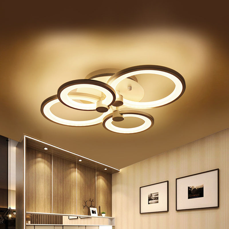Multiple-Ring Metal Ceiling Lighting Modernist 4/6/8-Bulb Black/White LED Semi Flush Light for Living Room 4 Black Clearhalo 'Ceiling Lights' 'Close To Ceiling Lights' 'Close to ceiling' 'Semi-flushmount' Lighting' 1935447