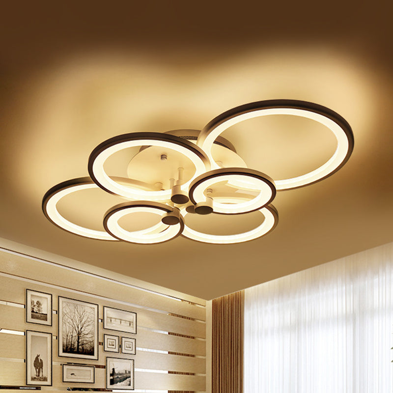 Multiple-Ring Metal Ceiling Lighting Modernist 4/6/8-Bulb Black/White LED Semi Flush Light for Living Room 6 Black Clearhalo 'Ceiling Lights' 'Close To Ceiling Lights' 'Close to ceiling' 'Semi-flushmount' Lighting' 1935451