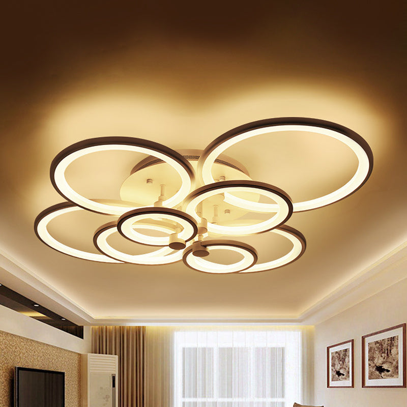 Multiple-Ring Metal Ceiling Lighting Modernist 4/6/8-Bulb Black/White LED Semi Flush Light for Living Room 8 Black Clearhalo 'Ceiling Lights' 'Close To Ceiling Lights' 'Close to ceiling' 'Semi-flushmount' Lighting' 1935455