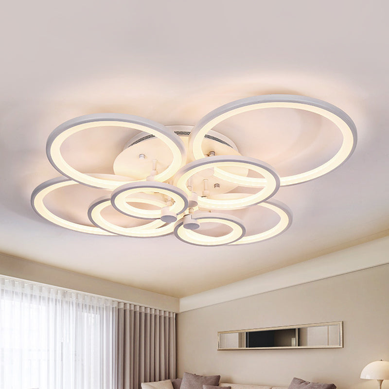 Multiple-Ring Metal Ceiling Lighting Modernist 4/6/8-Bulb Black/White LED Semi Flush Light for Living Room 8 White Clearhalo 'Ceiling Lights' 'Close To Ceiling Lights' 'Close to ceiling' 'Semi-flushmount' Lighting' 1935457