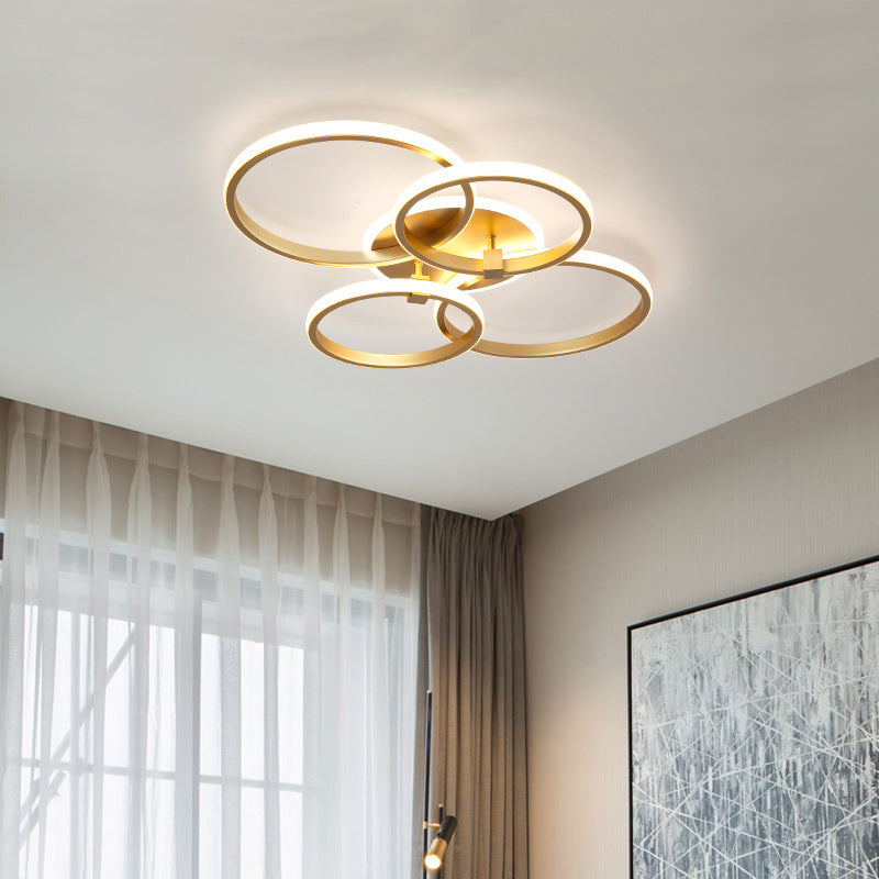 Metal Multi-Round/Square LED Ceiling Light Minimalism 2/4 Lights Gold Finish Semi Flush Mount Light Fixture 4 Gold Round Clearhalo 'Ceiling Lights' 'Close To Ceiling Lights' 'Close to ceiling' 'Semi-flushmount' Lighting' 1935944