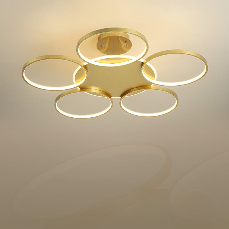 Gold Halo Ring Semi Flush Chandelier Modern 3/5/6-Light Metal Ceiling Mounted Lamp in Warm/White Light 6 Gold Clearhalo 'Ceiling Lights' 'Close To Ceiling Lights' 'Close to ceiling' 'Semi-flushmount' Lighting' 1935979