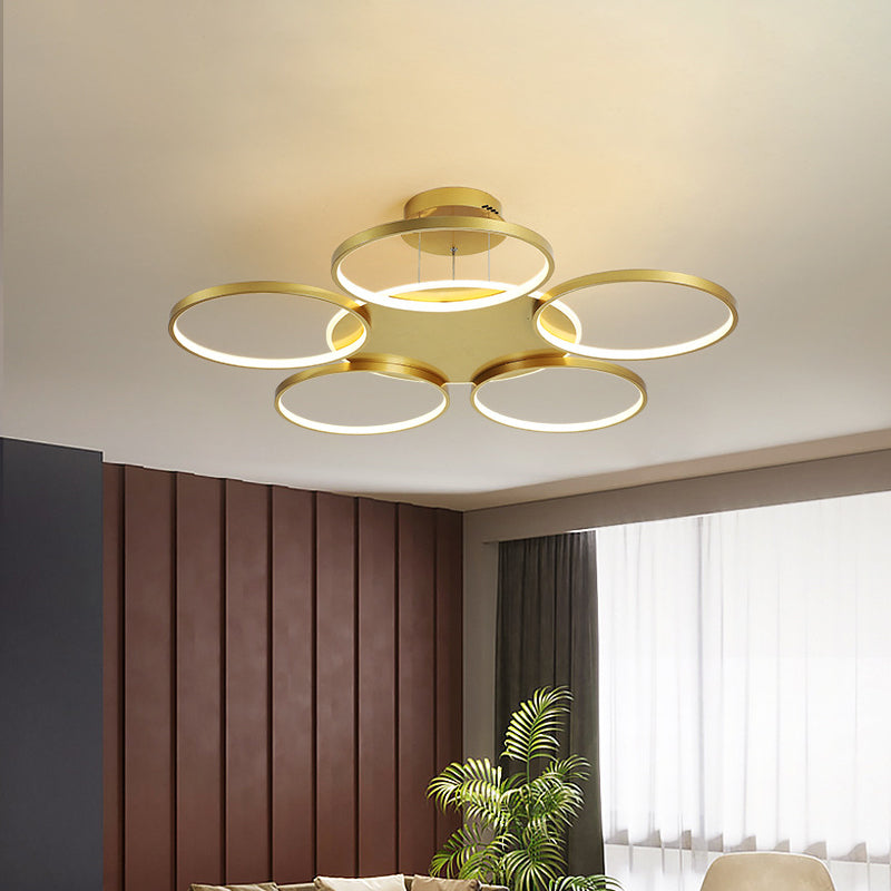 Gold Halo Ring Semi Flush Chandelier Modern 3/5/6-Light Metal Ceiling Mounted Lamp in Warm/White Light Clearhalo 'Ceiling Lights' 'Close To Ceiling Lights' 'Close to ceiling' 'Semi-flushmount' Lighting' 1935980