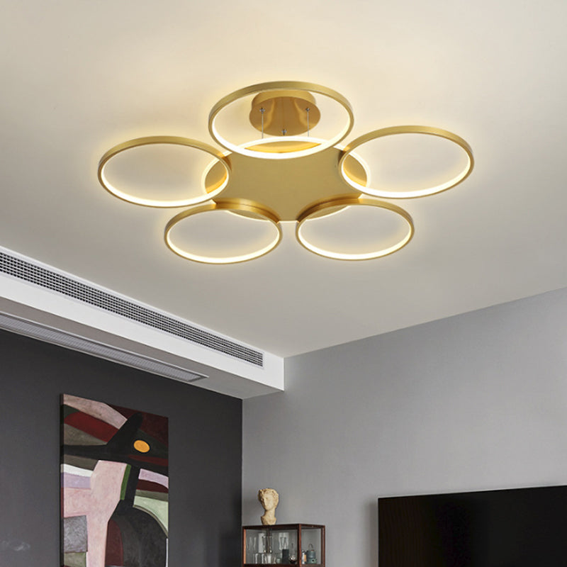 Gold Halo Ring Semi Flush Chandelier Modern 3/5/6-Light Metal Ceiling Mounted Lamp in Warm/White Light Clearhalo 'Ceiling Lights' 'Close To Ceiling Lights' 'Close to ceiling' 'Semi-flushmount' Lighting' 1935981