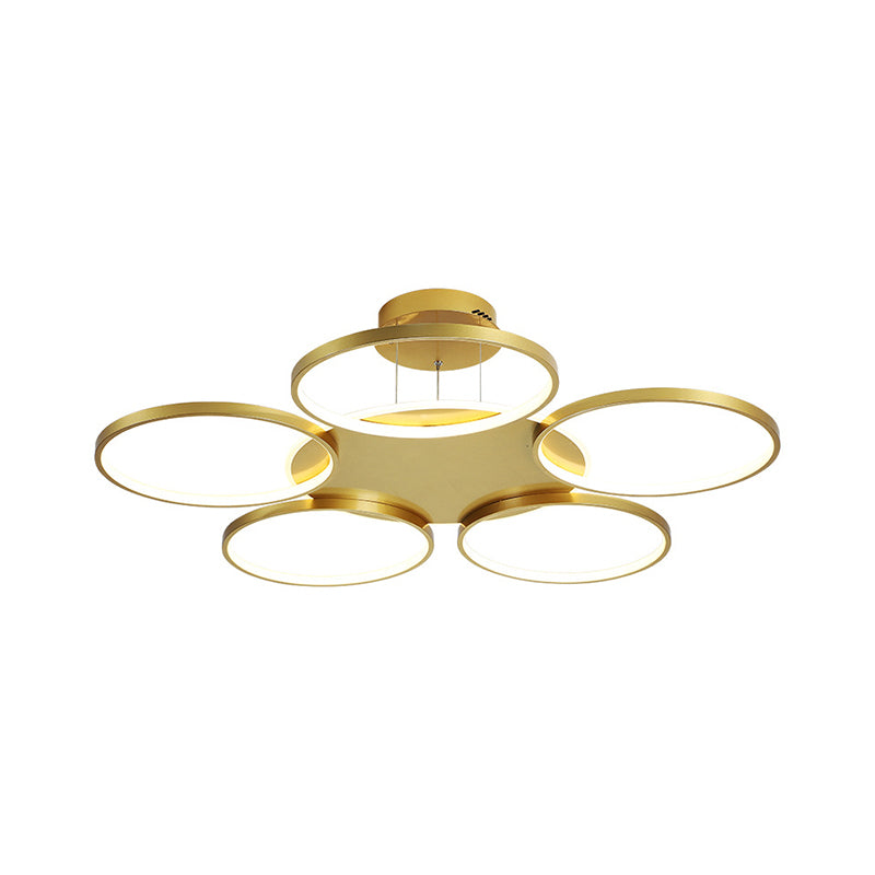 Gold Halo Ring Semi Flush Chandelier Modern 3/5/6-Light Metal Ceiling Mounted Lamp in Warm/White Light Clearhalo 'Ceiling Lights' 'Close To Ceiling Lights' 'Close to ceiling' 'Semi-flushmount' Lighting' 1935982