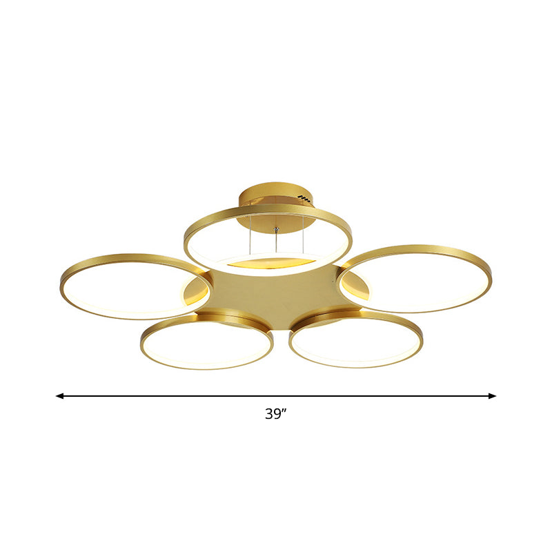 Gold Halo Ring Semi Flush Chandelier Modern 3/5/6-Light Metal Ceiling Mounted Lamp in Warm/White Light Clearhalo 'Ceiling Lights' 'Close To Ceiling Lights' 'Close to ceiling' 'Semi-flushmount' Lighting' 1935983