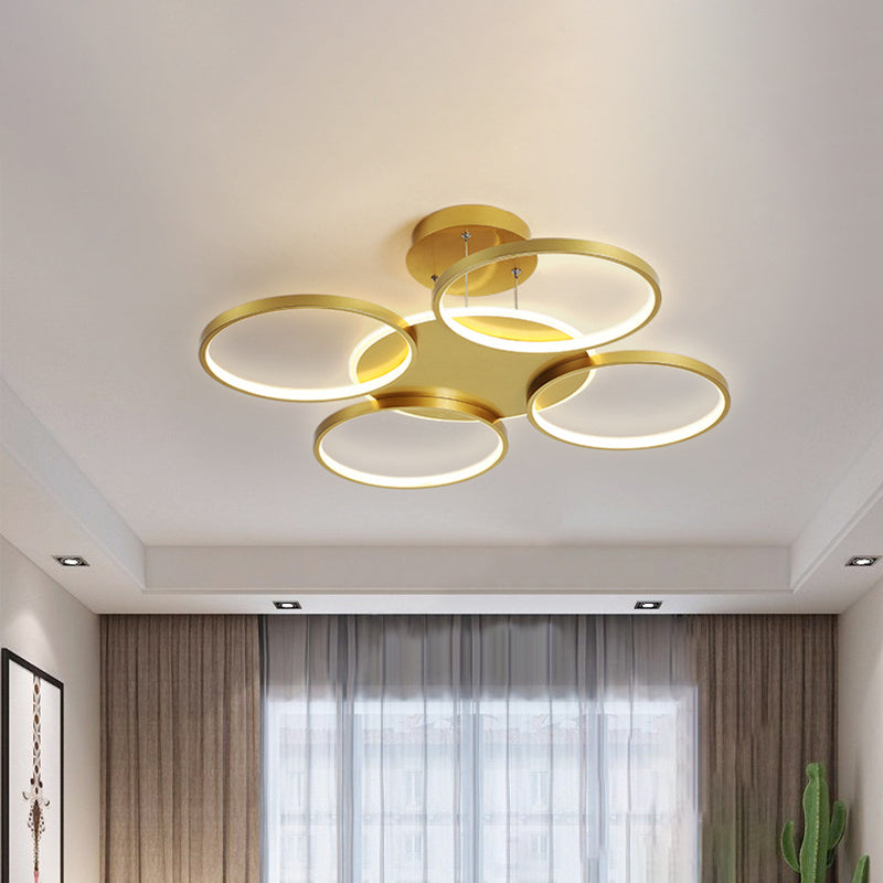 Gold Halo Ring Semi Flush Chandelier Modern 3/5/6-Light Metal Ceiling Mounted Lamp in Warm/White Light 5 Gold Clearhalo 'Ceiling Lights' 'Close To Ceiling Lights' 'Close to ceiling' 'Semi-flushmount' Lighting' 1935994