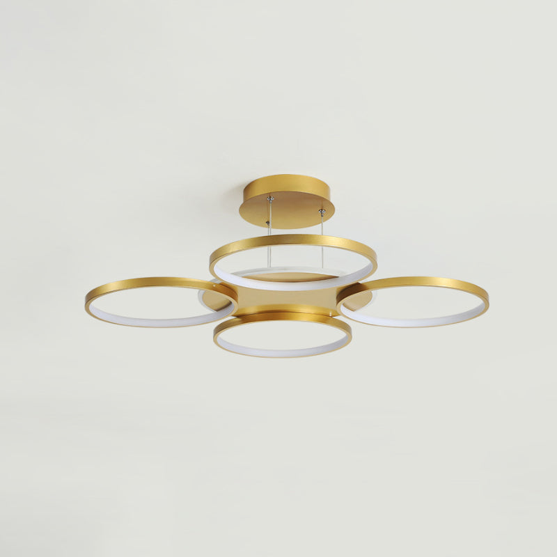 Gold Halo Ring Semi Flush Chandelier Modern 3/5/6-Light Metal Ceiling Mounted Lamp in Warm/White Light Clearhalo 'Ceiling Lights' 'Close To Ceiling Lights' 'Close to ceiling' 'Semi-flushmount' Lighting' 1935996