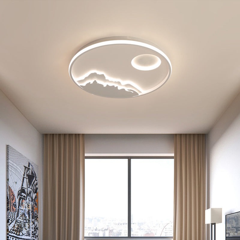 Modern LED Circle Ceiling Light White Mountain Sunrise Scenery Flush Mount with Acrylic Shade in Warm/White Light, 17"/20.5"/25" W White Clearhalo 'Ceiling Lights' 'Close To Ceiling Lights' 'Close to ceiling' 'Flush mount' Lighting' 1936040