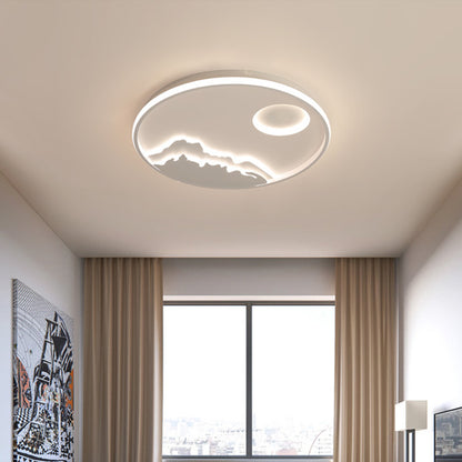 Modern LED Circle Ceiling Light White Mountain Sunrise Scenery Flush Mount with Acrylic Shade in Warm/White Light, 17"/20.5"/25" W White Clearhalo 'Ceiling Lights' 'Close To Ceiling Lights' 'Close to ceiling' 'Flush mount' Lighting' 1936040